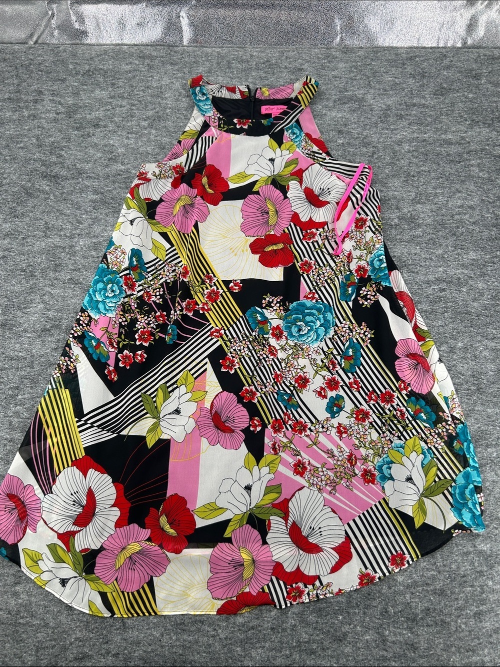 Betsey Johnson Multicolor Floral & Stripe Dress - Pink, Black, Turquoise Size 2 - Picture 3 of 11